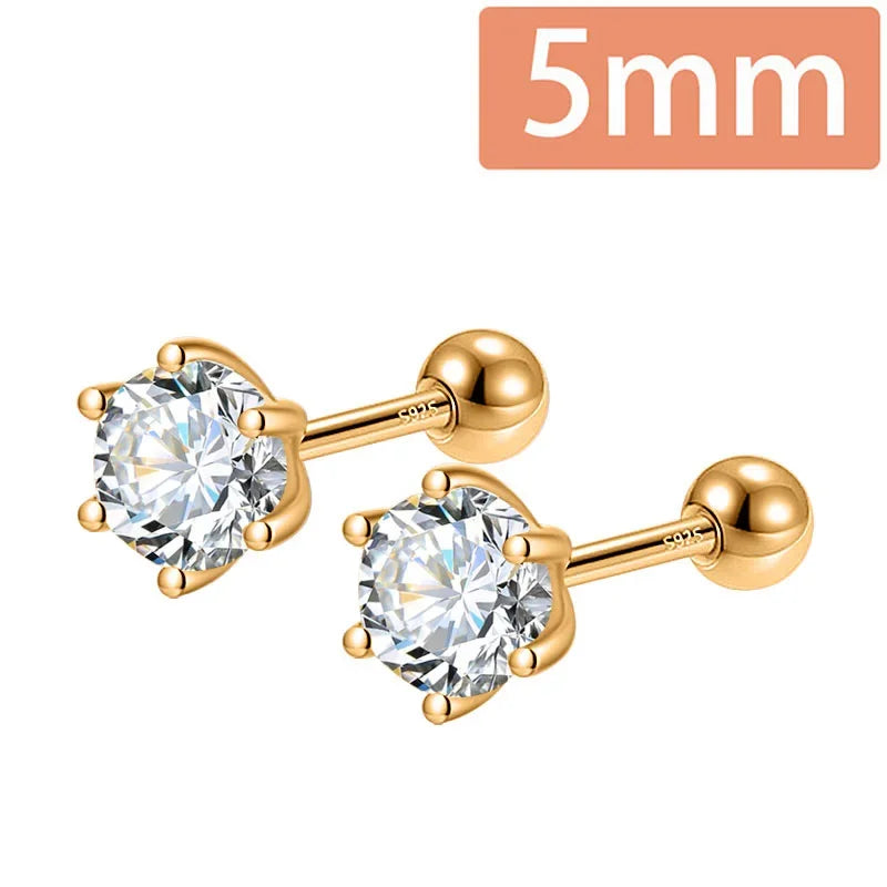 TrustDavis Real 925 Sterling Silver Fashion Gold Six Claw 3/4/5mm CZ Screw Stud Earrings For Women Wedding Fine Jewelry DA2712