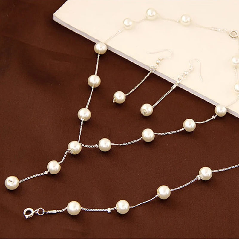 Charming White Pearl Necklace Bracelet Earring Jewelry Set Women Bridal Wedding Elegant Accessories
