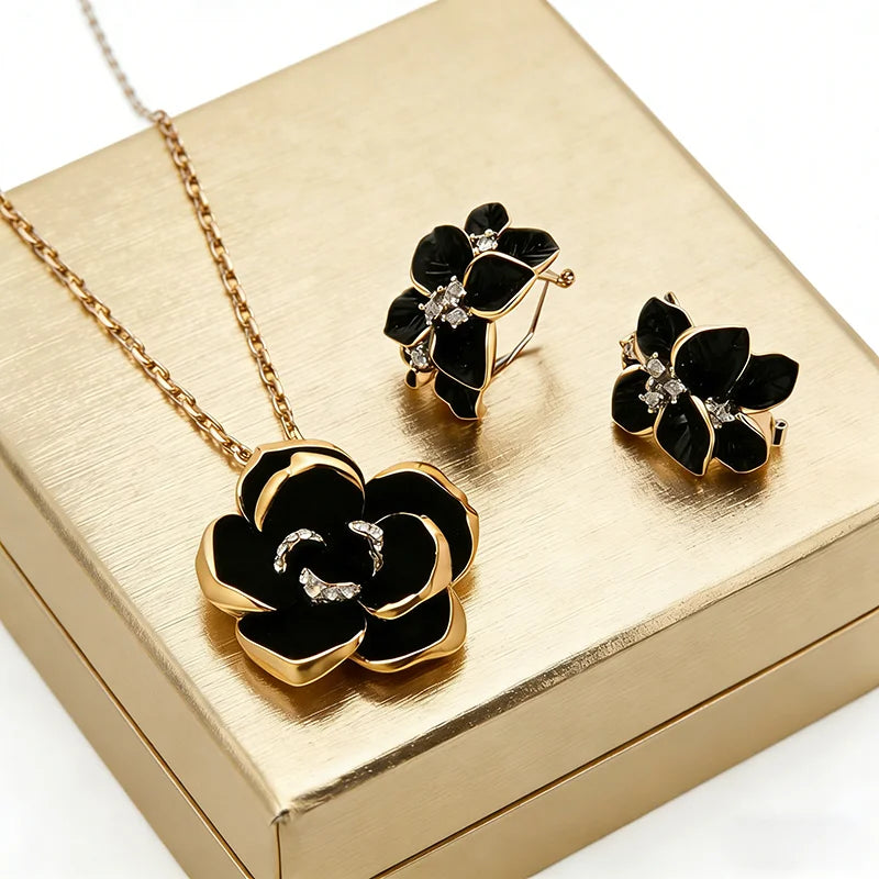Black Flower Jewelry Set With Rhinestone Inlay, Including Necklace And Earrings, Elegant Fashion Accessories For Women