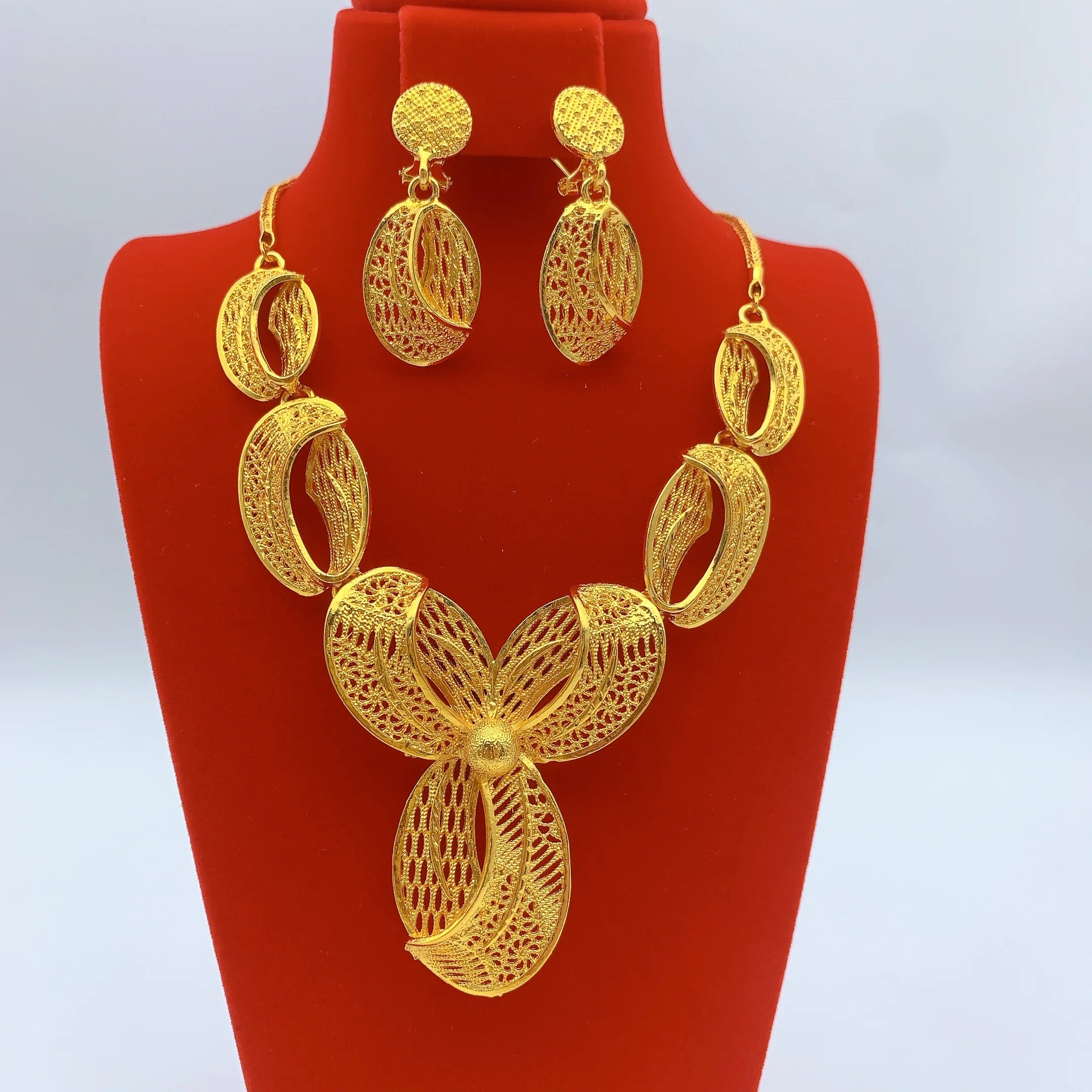 Indian Jewelry Set For Women Dubai African Nigeria Bridal 24K Gold Plated Necklace Earrings Wedding Party Jewellery Gifts