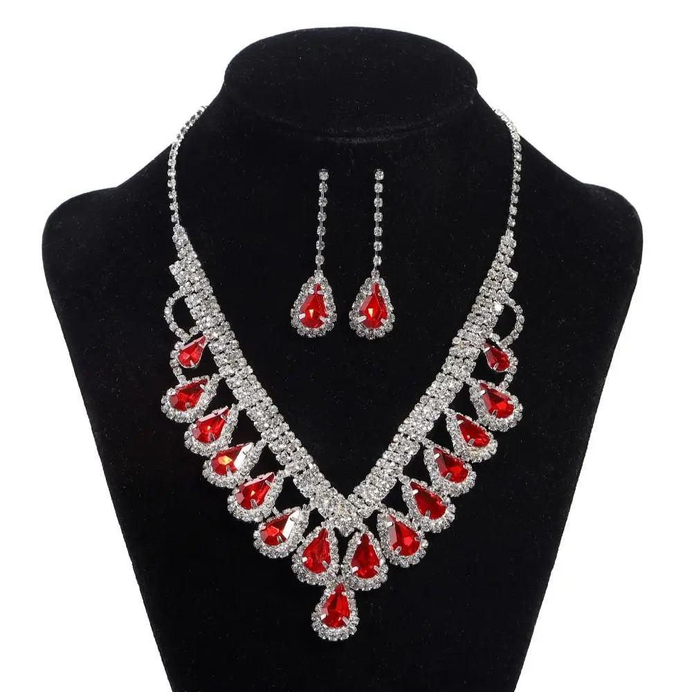 Wedding Party Shining Crystal Jewelry Set Water Drop Rhinestone Earrings Exquisite Luxury Necklace Women