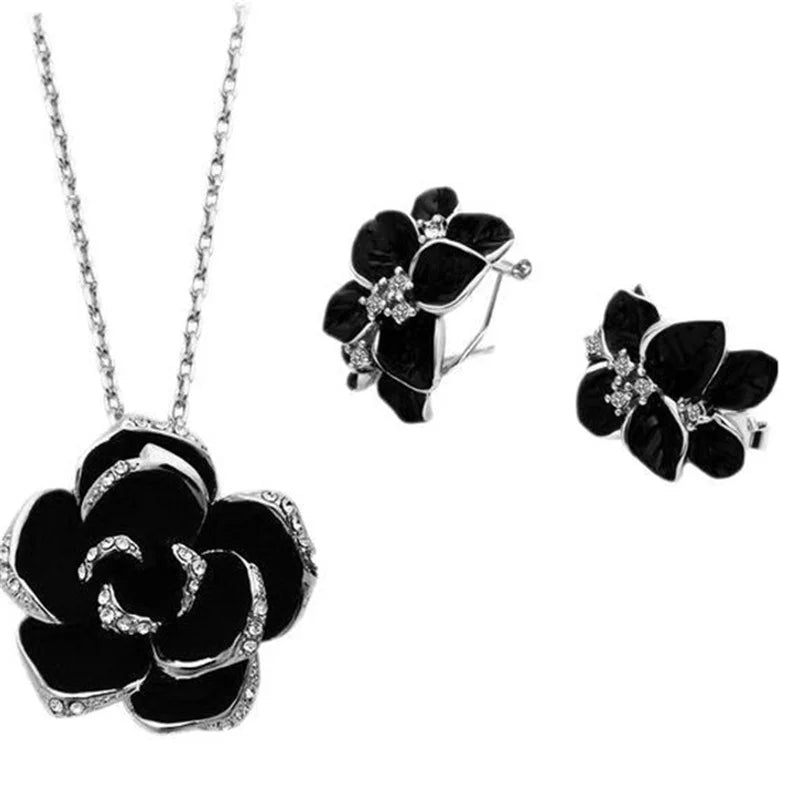 Black Flower Jewelry Set With Rhinestone Inlay, Including Necklace And Earrings, Elegant Fashion Accessories For Women