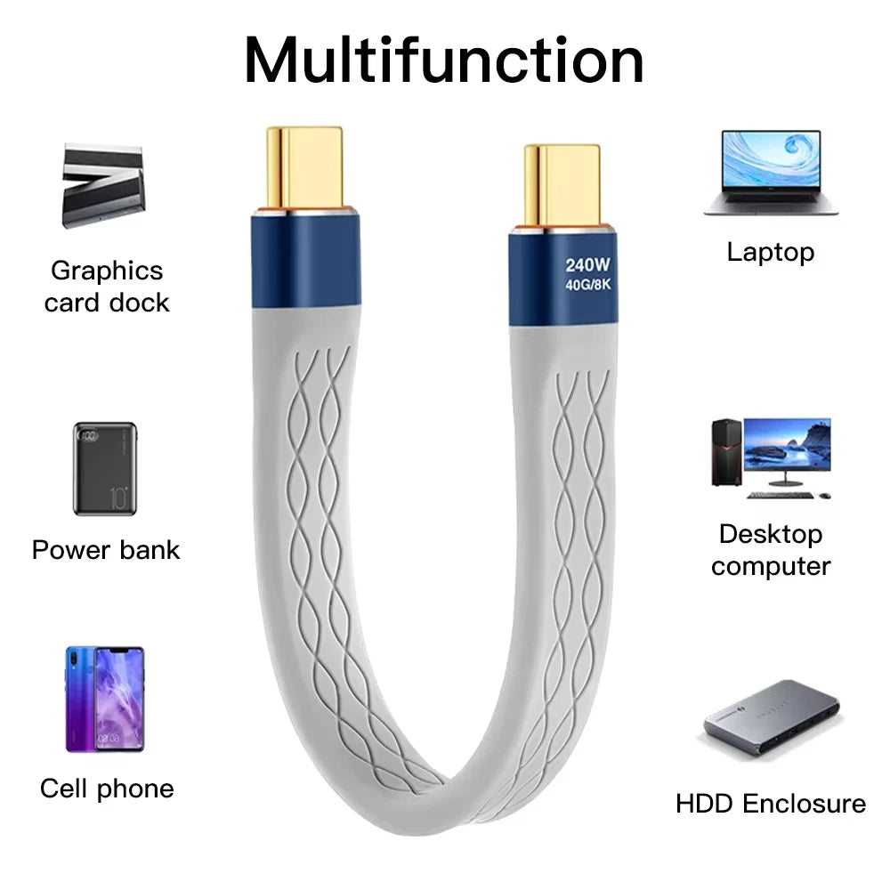 USB C to USB C 240W Short Cable Fast Charging Type-C Cord 40Gbps Data Transfer 8K Flat Slim FPC Data Charge Extension Cable ﻿