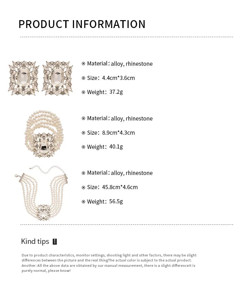 Elegant Costume Jewelry Set Wedding Large Crystal Earrings Multi Strand Bracelet and Imitation Pearl Choker Necklace for Women