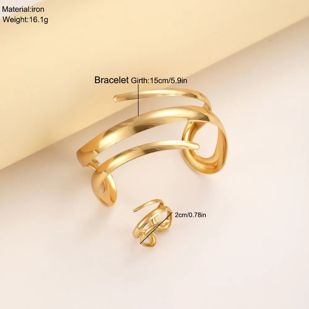 European and American Thick Bracelet and Ring Jewelry Set for Women Gold Color Geometric Line Bracelet Ring Combination Set Gift