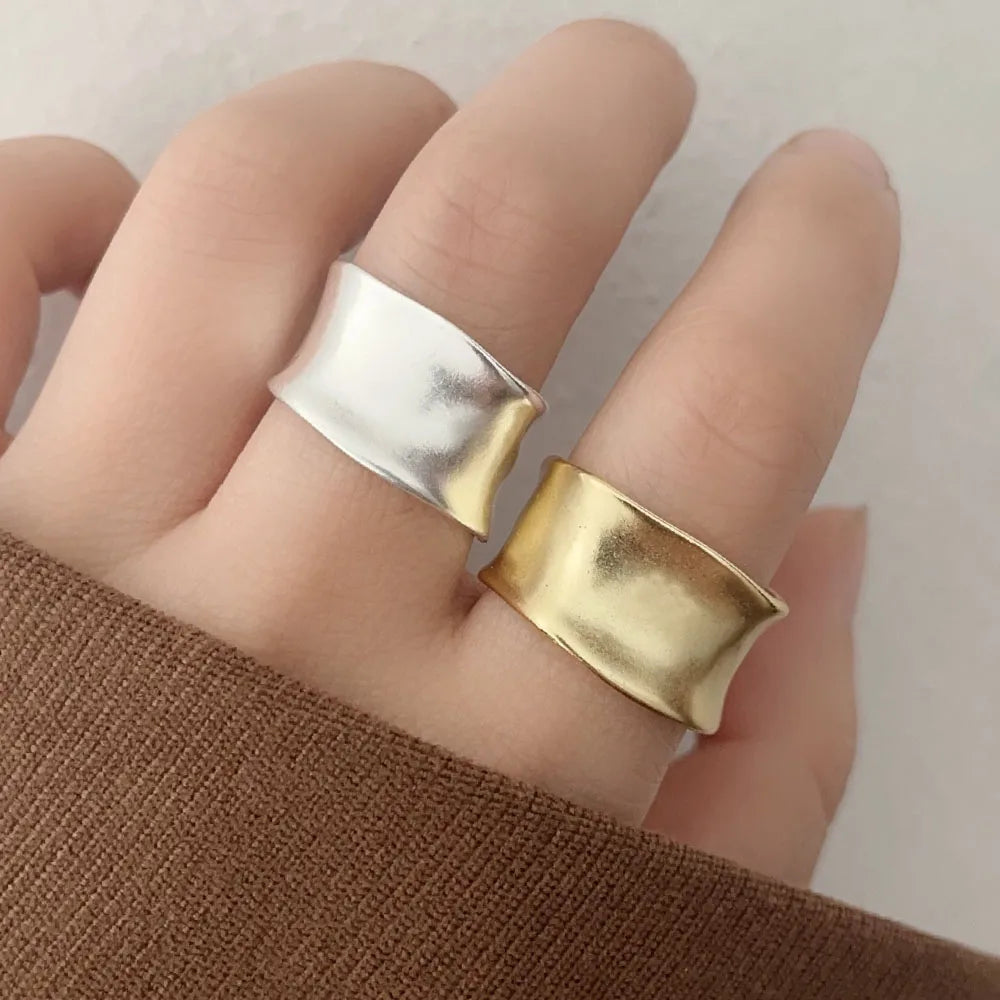 925 Sterling Silver Rings For Women Simple Finger Open Vintage Gold Wide Flat Ring Allergy For Party Birthday Gift