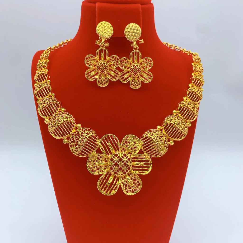 Indian Jewelry Set For Women Dubai African Nigeria Bridal 24K Gold Plated Necklace Earrings Wedding Party Jewellery Gifts