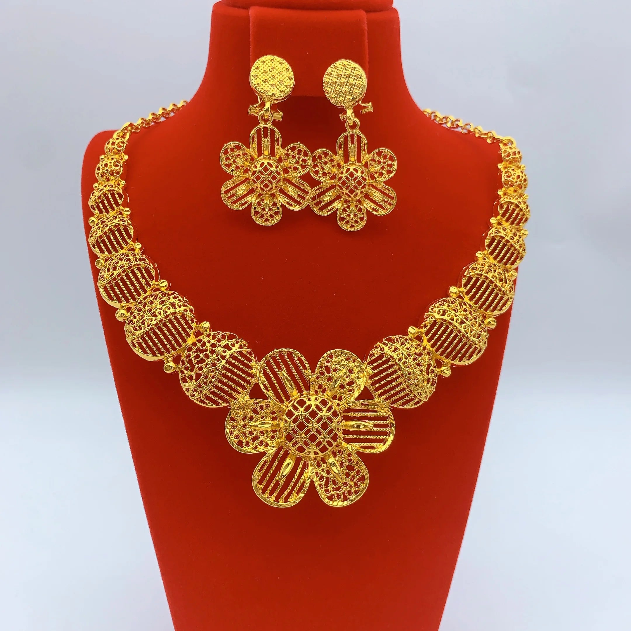 Indian Jewelry Set For Women Dubai African Nigeria Bridal 24K Gold Plated Necklace Earrings Wedding Party Jewellery Gifts