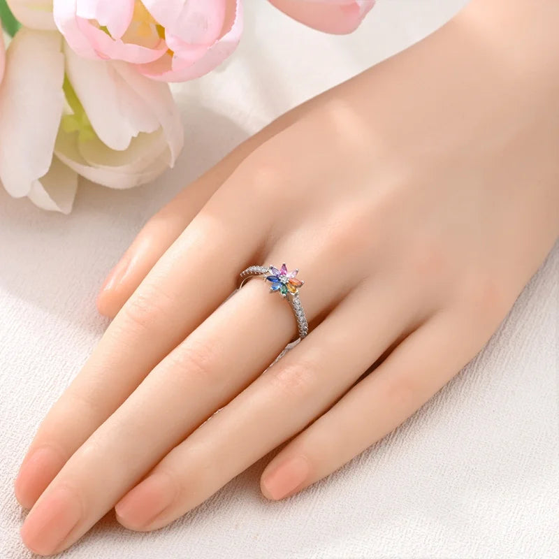 Original Hope Rainbow Flower Ring s925 Silver Jewelry DIY Exquisite Fashion