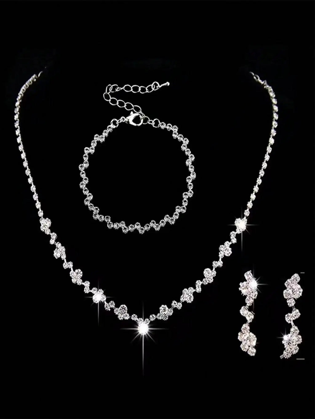 4 Pieces Luxurious Jewelry Set Exquisite Rhinestone Pendant Elegant Women's Crystal Silver Plated Necklace Earrings Bracelet Set