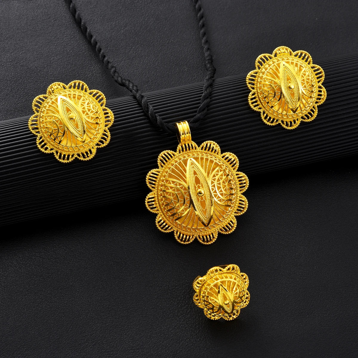 Gold Color Ethiopian Jewelry Sets Necklace Earrings Ring 3-piece Sets Dubai Wedding Bride Sets African Gifts #TZ053