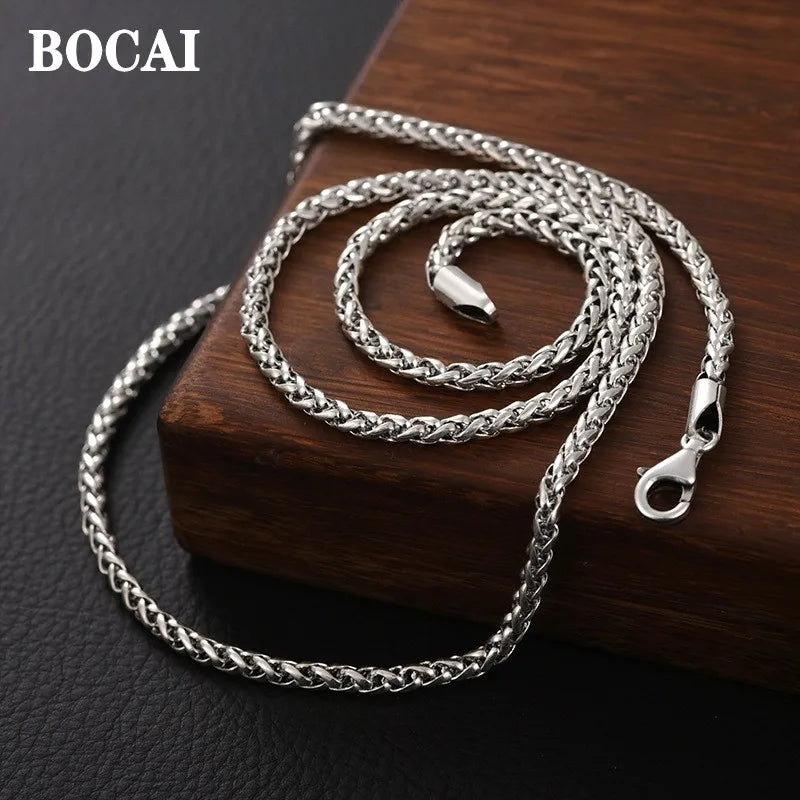BOCAI Real S925 Silver Jewelry Chopin Chain Retro Personality Punk Style Men's Necklace Trendy Sweater Chain