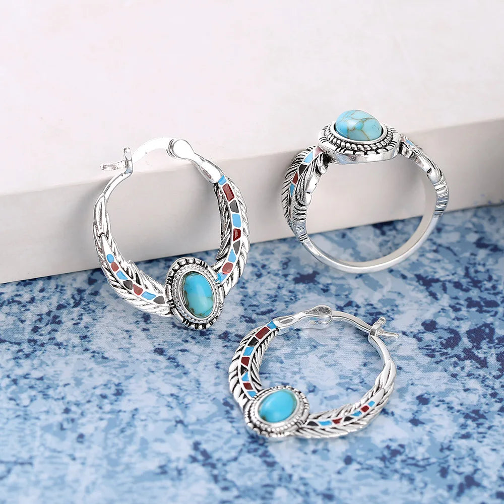 WOSIKATE Luxury Inlaid Turquoise Eagle Feather Earrings For Women Vintage 925 Silver Fashion Jewellery Party Wedding Earrings