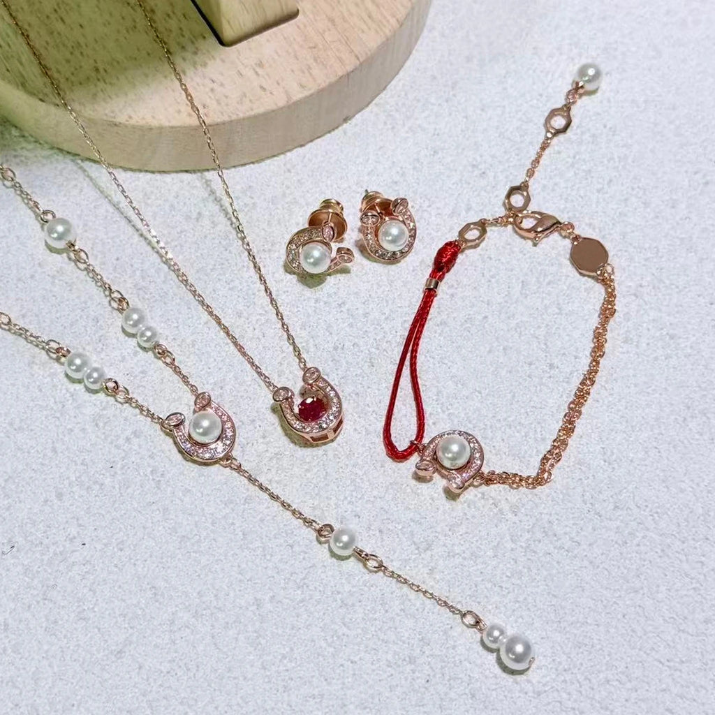 2026 New Trend Fine Jewelry Set Charming White  Red Crystal Pendant Fashion Rose Gold Pearl Necklace Bracelet Earrings for Women
