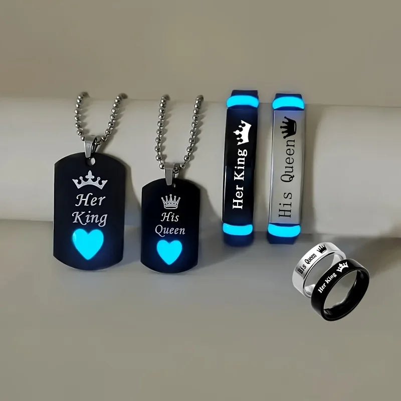 Stainless Steel Luminous Her King&His Queen Crown Jewelry Sets for Women Necklace Bracelet Ring Statement Couple Jewelry Gifts