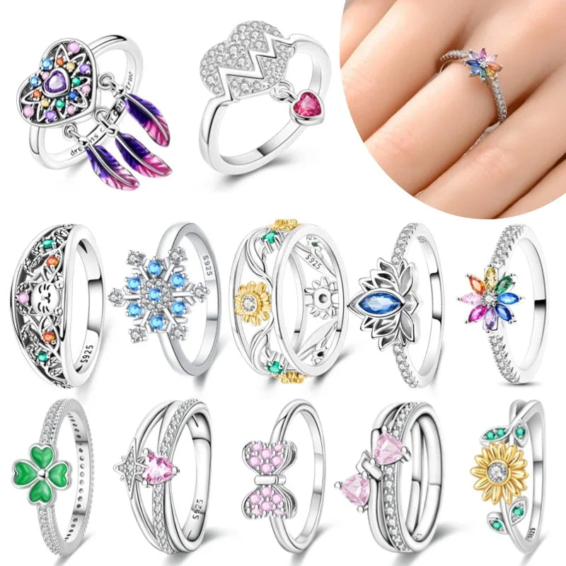 Original Hope Rainbow Flower Ring s925 Silver Jewelry DIY Exquisite Fashion