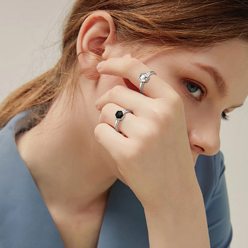 U7 925 Sterling Silver Wedding Rings for Woman Size 5 -12 Black White Crystal CZ Anniversary Dainty Jewelry Gift for Wife