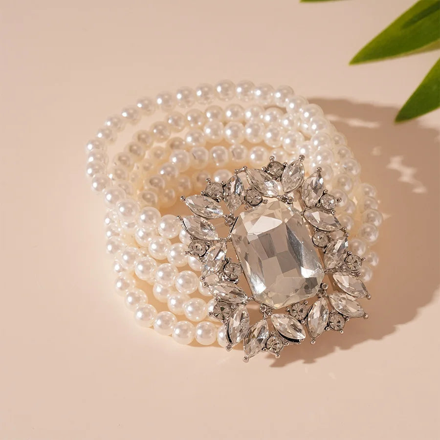 Elegant Costume Jewelry Set Wedding Large Crystal Earrings Multi Strand Bracelet and Imitation Pearl Choker Necklace for Women