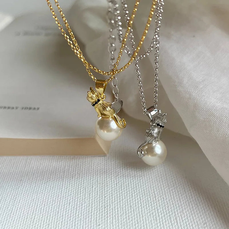 VENTFILLE 925 Sterling Silver Cat Pearl Necklace For Women Animal Retro Court Design Jewelry Birthday Gifts