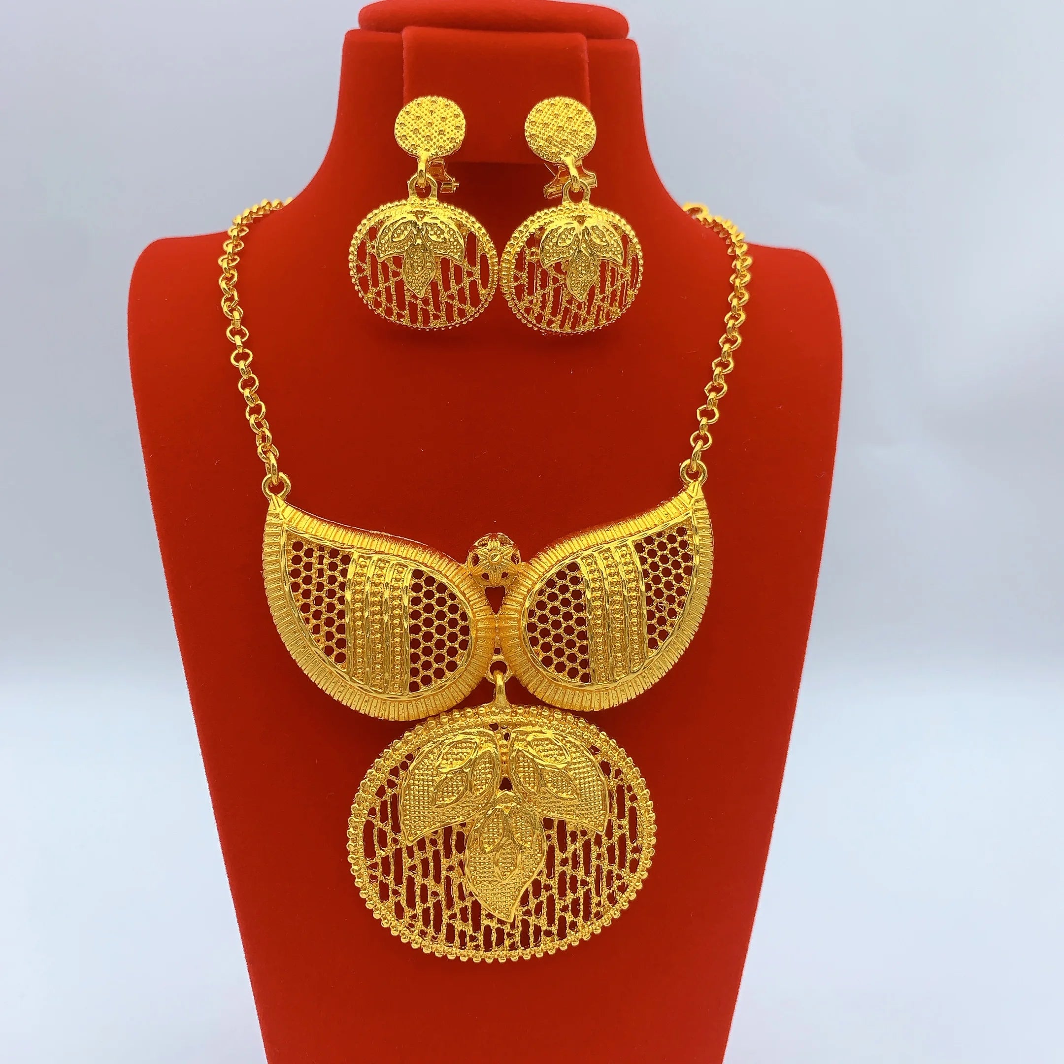 Indian Jewelry Set For Women Dubai African Nigeria Bridal 24K Gold Plated Necklace Earrings Wedding Party Jewellery Gifts