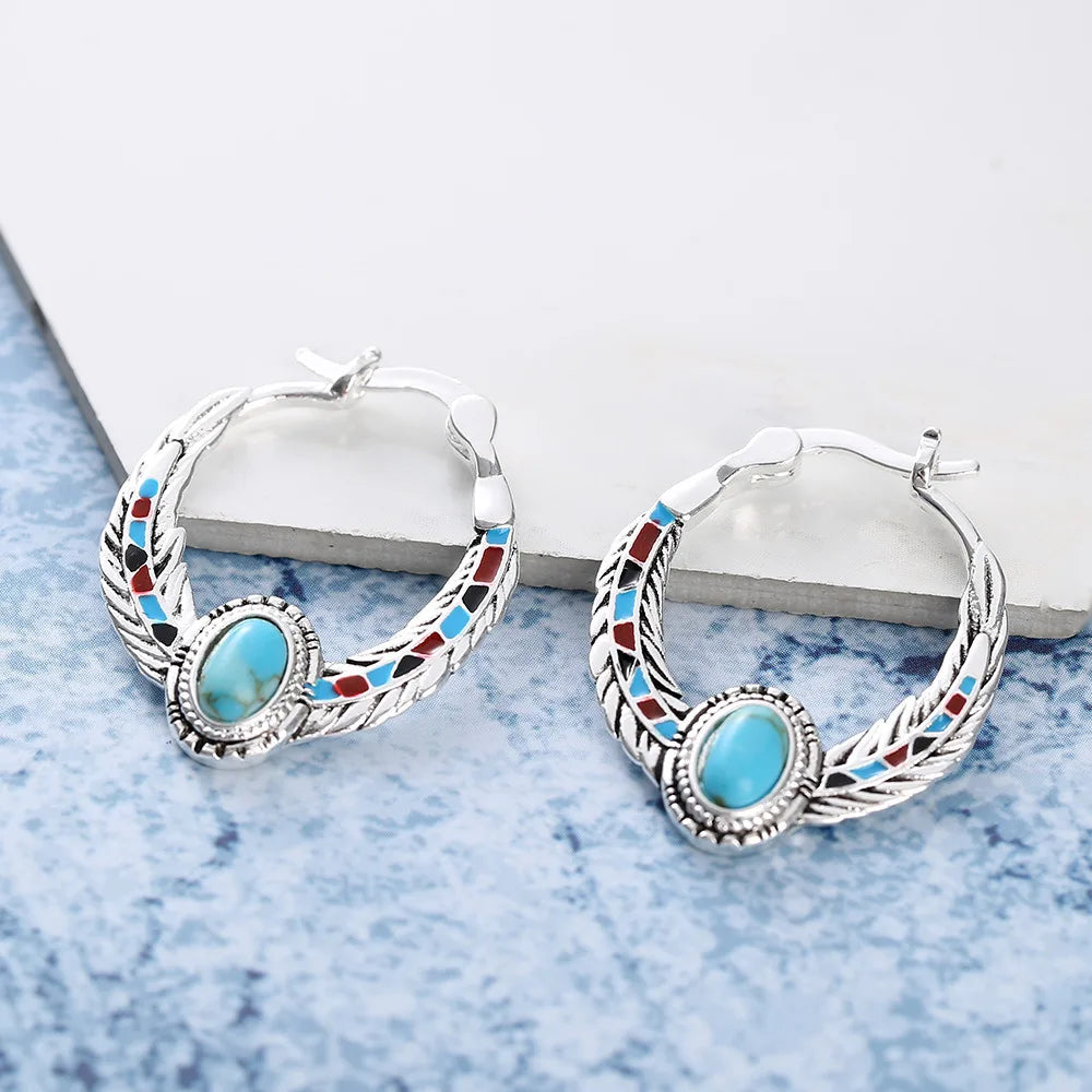 WOSIKATE Luxury Inlaid Turquoise Eagle Feather Earrings For Women Vintage 925 Silver Fashion Jewellery Party Wedding Earrings