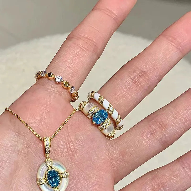 Classic blue jewelry sets dreamy aquamarine gem White Fritillaria ring necklace High quality palace style retro wedding gift
