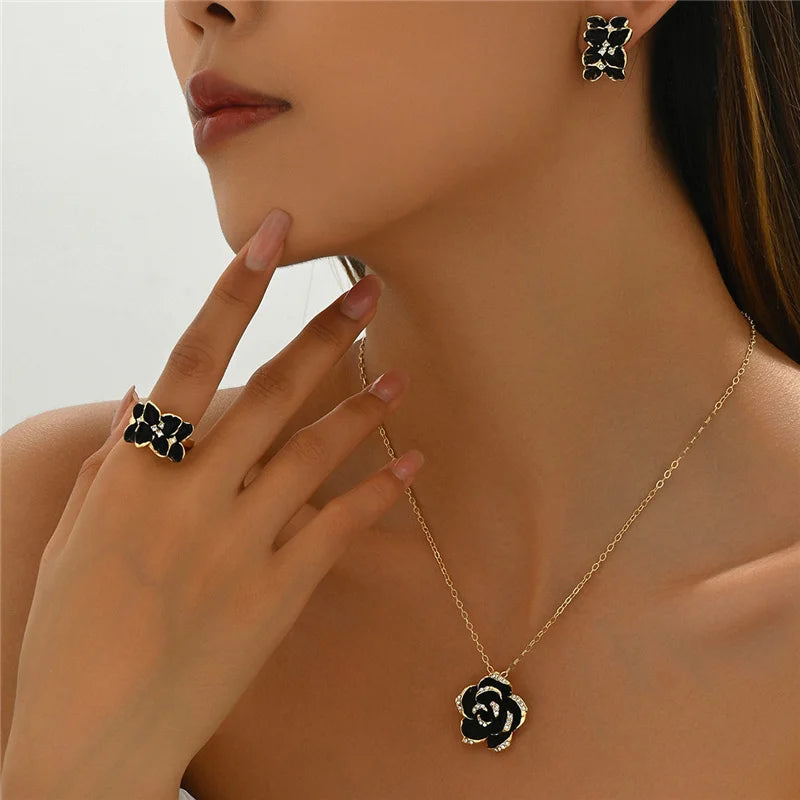 Black Flower Jewelry Set With Rhinestone Inlay, Including Necklace And Earrings, Elegant Fashion Accessories For Women