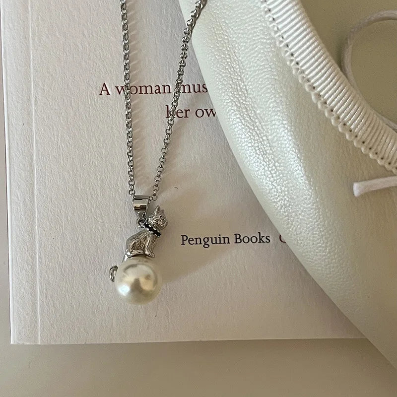 VENTFILLE 925 Sterling Silver Cat Pearl Necklace For Women Animal Retro Court Design Jewelry Birthday Gifts