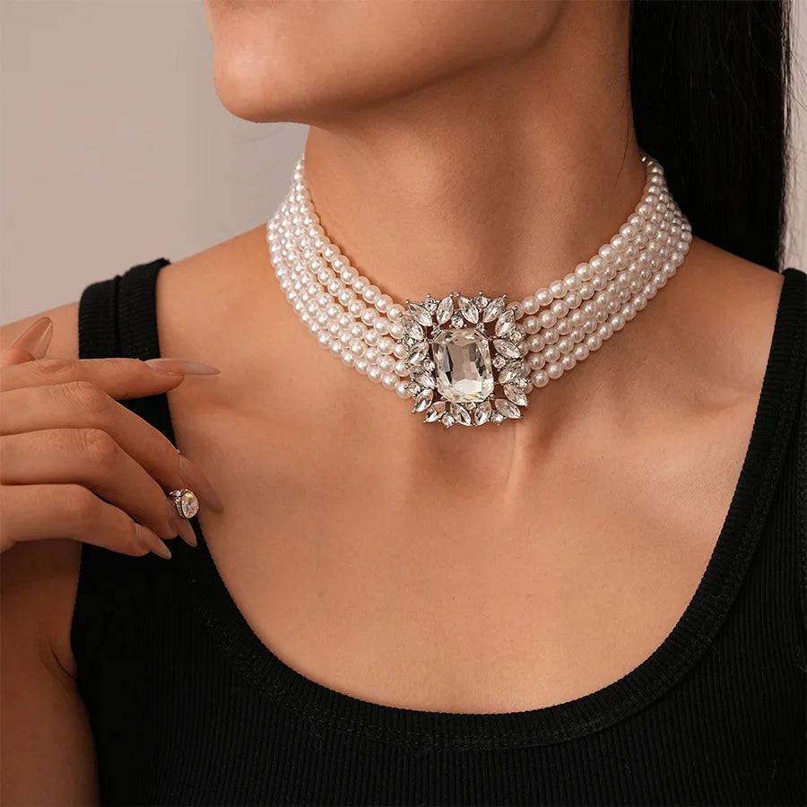 Elegant Costume Jewelry Set Wedding Large Crystal Earrings Multi Strand Bracelet and Imitation Pearl Choker Necklace for Women