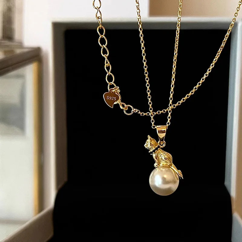 VENTFILLE 925 Sterling Silver Cat Pearl Necklace For Women Animal Retro Court Design Jewelry Birthday Gifts