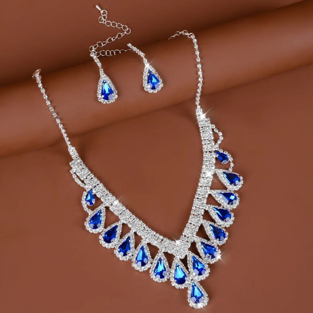 Wedding Party Shining Crystal Jewelry Set Water Drop Rhinestone Earrings Exquisite Luxury Necklace Women