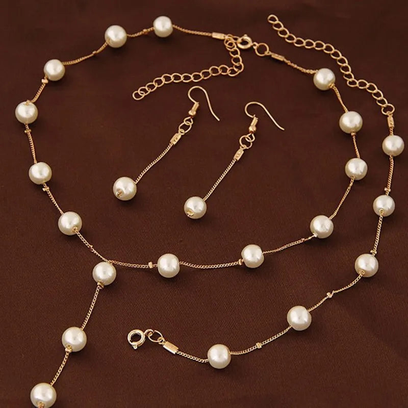 Charming White Pearl Necklace Bracelet Earring Jewelry Set Women Bridal Wedding Elegant Accessories