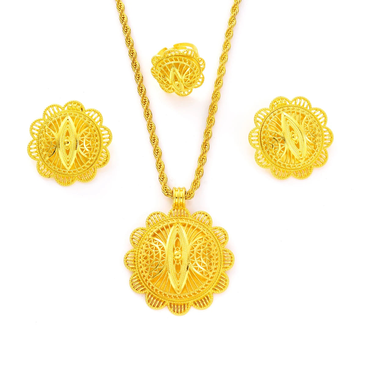 Gold Color Ethiopian Jewelry Sets Necklace Earrings Ring 3-piece Sets Dubai Wedding Bride Sets African Gifts #TZ053