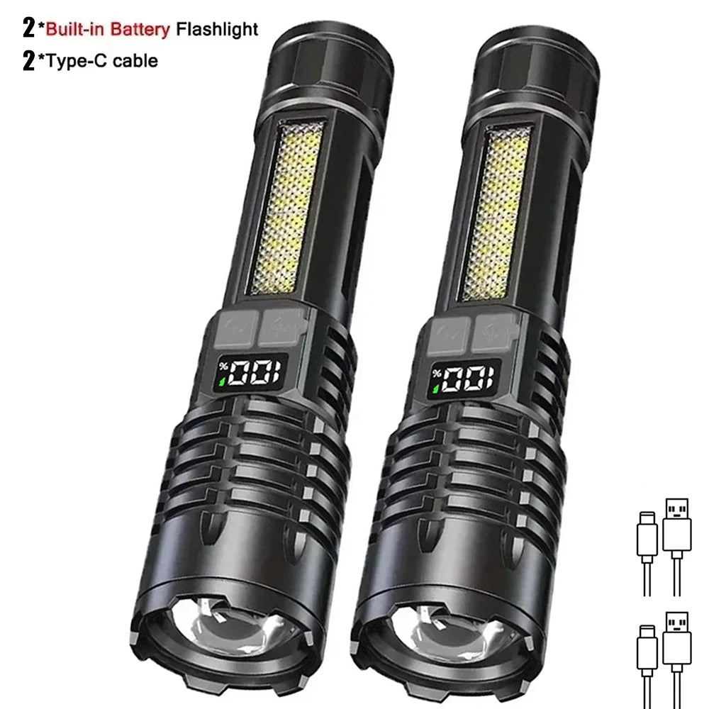 High Power LED Flashlight Powerful TYPE-C Rechargeable COB Flashlight With Side Light Torch For Outdoor Camping Hiking
