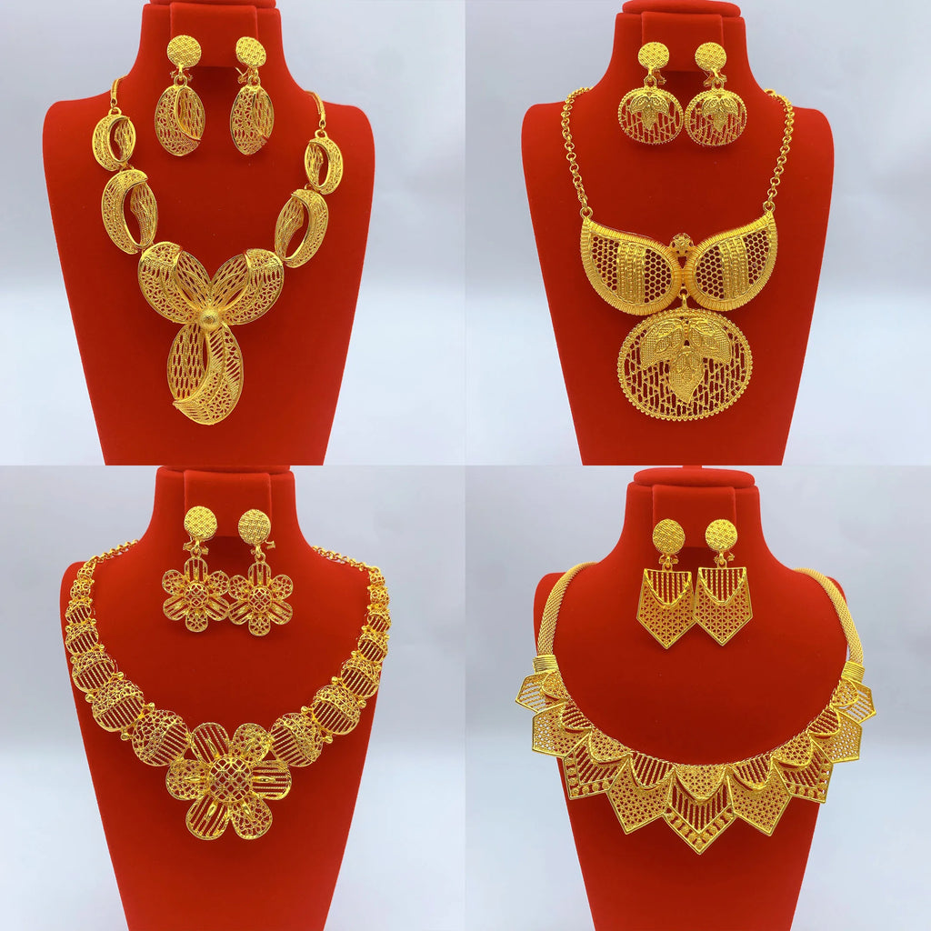 Indian Jewelry Set For Women Dubai African Nigeria Bridal 24K Gold Plated Necklace Earrings Wedding Party Jewellery Gifts