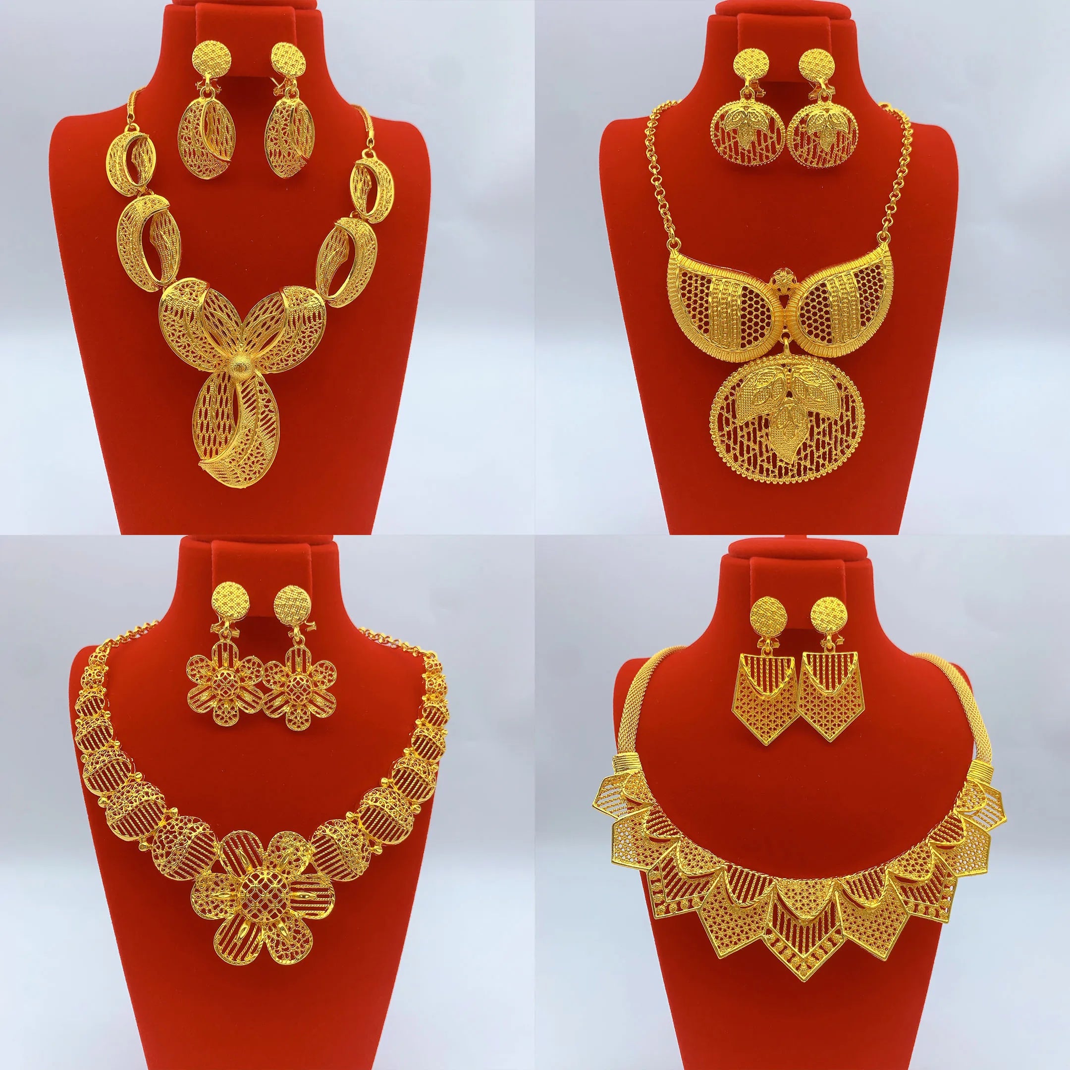 Indian Jewelry Set For Women Dubai African Nigeria Bridal 24K Gold Plated Necklace Earrings Wedding Party Jewellery Gifts