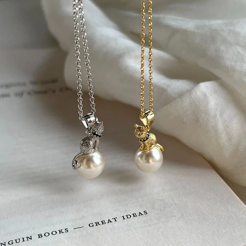 VENTFILLE 925 Sterling Silver Cat Pearl Necklace For Women Animal Retro Court Design Jewelry Birthday Gifts
