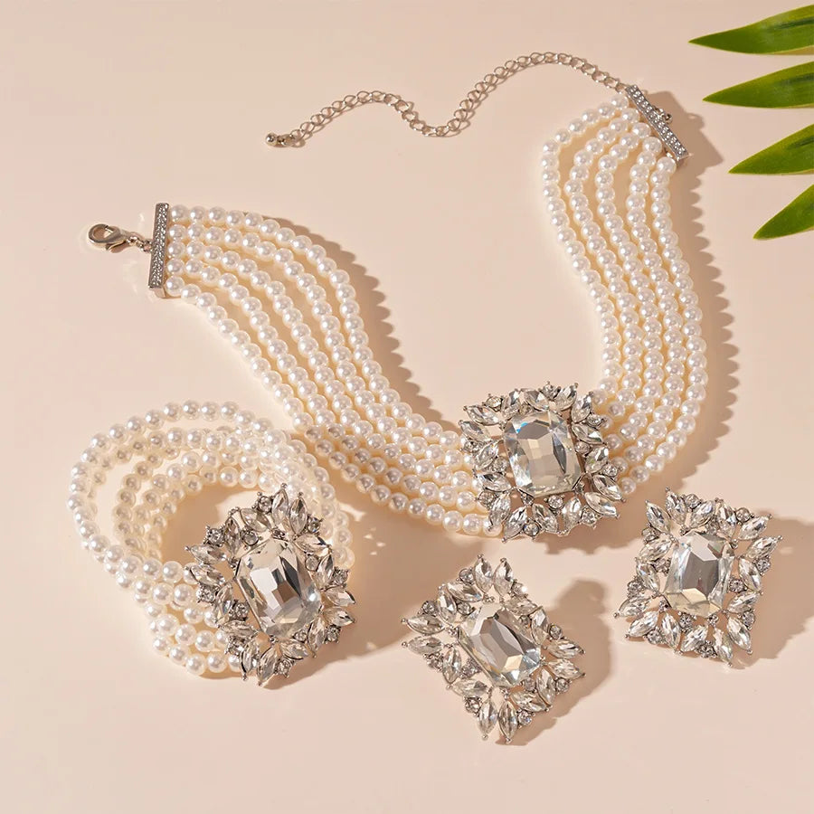 Elegant Costume Jewelry Set Wedding Large Crystal Earrings Multi Strand Bracelet and Imitation Pearl Choker Necklace for Women