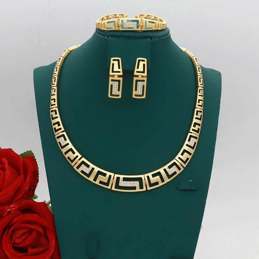 Dubai Vintage Jewelry Sets For Women Luxury Design Shiny Zircon Gold Plated Necklace Earring Bangle Wedding Party Accessories