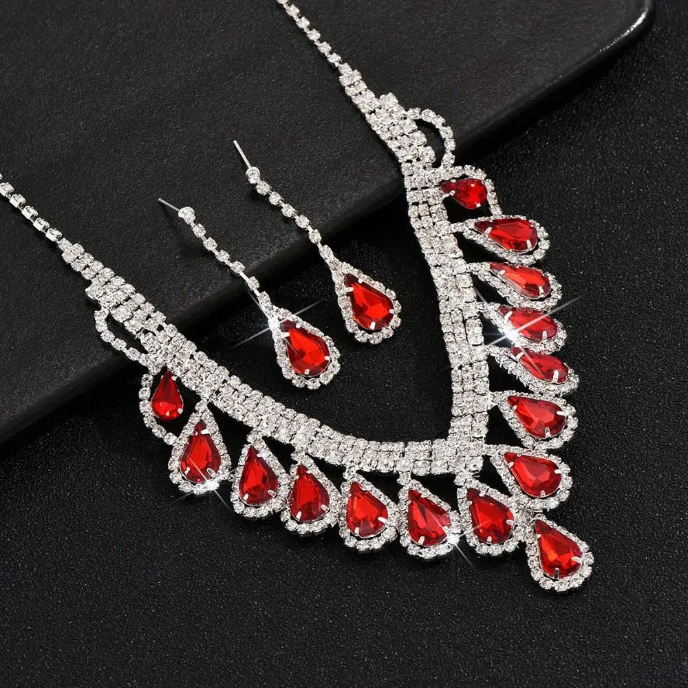 Wedding Party Shining Crystal Jewelry Set Water Drop Rhinestone Earrings Exquisite Luxury Necklace Women