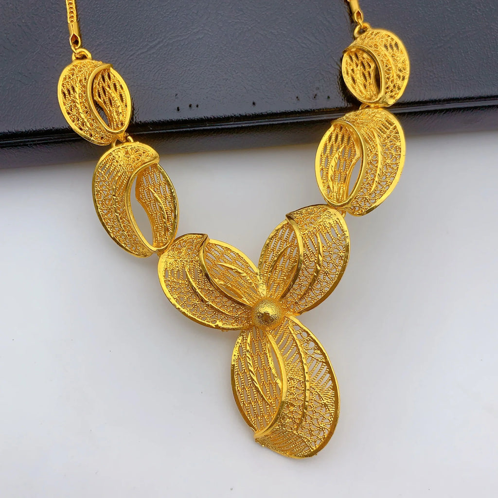 Indian Jewelry Set For Women Dubai African Nigeria Bridal 24K Gold Plated Necklace Earrings Wedding Party Jewellery Gifts