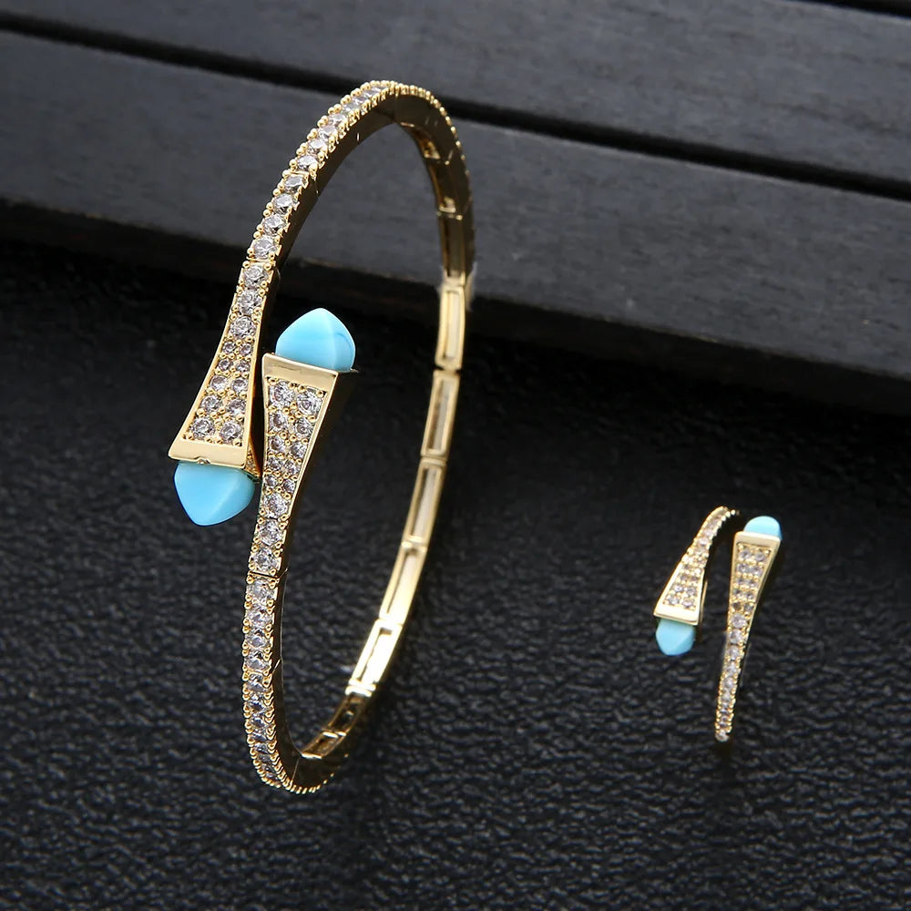 New jerseis Women's Fashion 2 Pcs Bracelet & Ring Set مجموعات المجوهرات Resin Simple Design Gold Open Cuff Bangle Jewelry Set