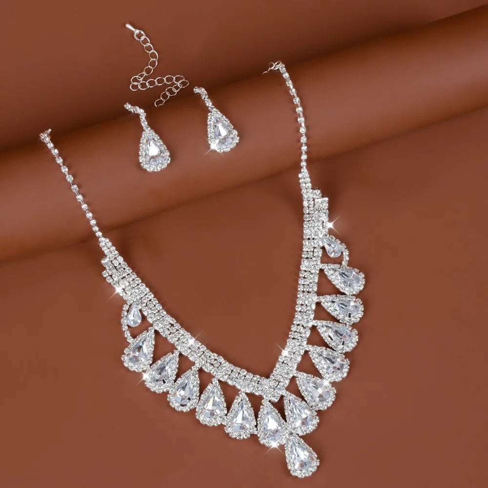 Wedding Party Shining Crystal Jewelry Set Water Drop Rhinestone Earrings Exquisite Luxury Necklace Women