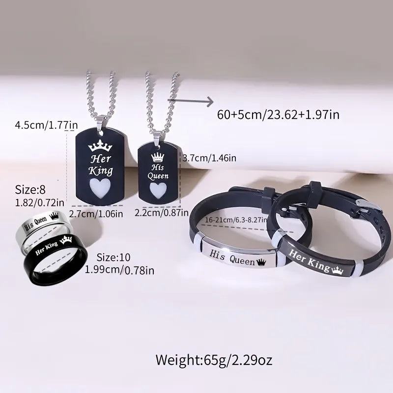 Stainless Steel Luminous Her King&His Queen Crown Jewelry Sets for Women Necklace Bracelet Ring Statement Couple Jewelry Gifts
