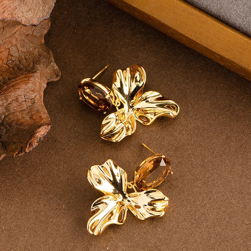 S925 Silver Needle Fashion Irregular Flower Diamond Zircon Earrings Femininity Versatile Premium Sense Plated Real Gold Earrings