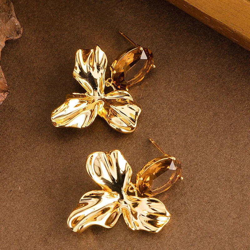 S925 Silver Needle Fashion Irregular Flower Diamond Zircon Earrings Femininity Versatile Premium Sense Plated Real Gold Earrings